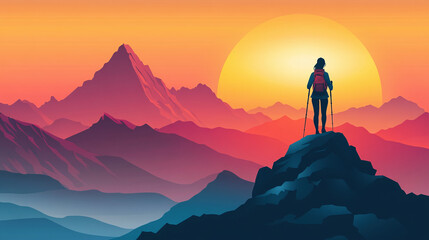 Wall Mural - Silhouette of a woman hiking to the high mountain top peak, symbolizing the success and freedom of an adventure outdoor journey, beautiful sunset landscape with copy space.