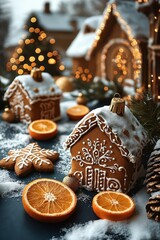 Wall Mural - Festive gingerbread houses, cookies with icing sugar, gold decorations. Festive Christmas scene on dark blue background. Orange slices, pine cones add warm color. Blurred golden lights, gingerbread