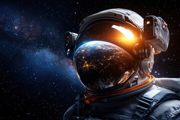 this stunning image captures an astronaut against a backdrop of the vast universe, with earth reflec