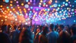 © afif - Blurry crowd with colorful lights at event, hands raised.