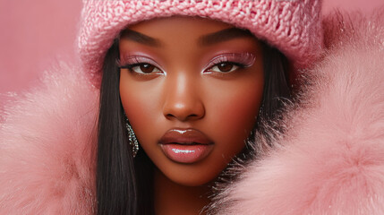 Wall Mural - Portrait of a Young Woman in a Pink Hat and Fur Coat Against a Pink Background, Exuding Glamour and Confidence in Fashion Photography