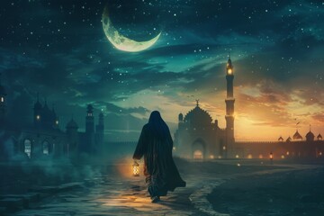 Wall Mural - a muslim is ready to face the blessed month of ramadhan while carrying a lantern at night.