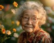 © serg3d - A serene elderly woman smiles gently, surrounded by blooming flowers. AI.