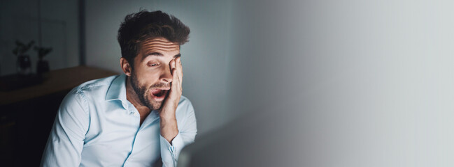 Poster - Business, computer and man with yawn in office for trading deadline, overworked or sleepy on mockup space. Banner, night trader and exhausted of cryptocurrency investment, burnout or working overtime