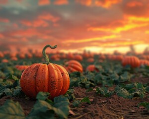 Wall Mural - A pumpkin sits in a field at sunset. AI.