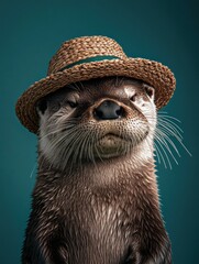 Canvas Print - A stylish otter wearing a straw hat. AI.