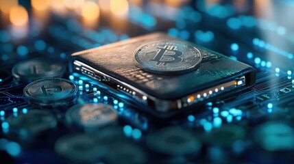 Poster - Detailed Close-Up of a Cryptocurrency Wallet with Bitcoin Coins on a Digital Matrix Background Showcasing the Future of Finance and Blockchain Technology