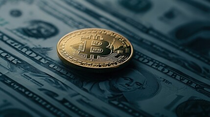 Poster - Golden Bitcoin Coin on Dollar Bills, Symbolizing Cryptocurrency Investment, Financial Growth, and Digital Currency Future in Modern Economy