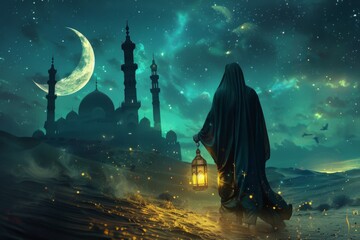 Wall Mural - a muslim is ready to face the blessed month of ramadhan while carrying a lantern at night.