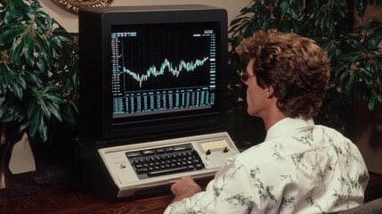 Poster - Vintage Computer Usage with Stock Market Graphs Observed by a Man in a Floral Shirt from the 1980s, Capturing the Essence of Retro Technology and Financial Enthusiasm
