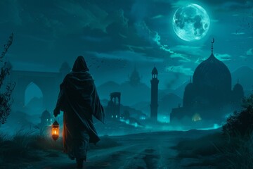 Wall Mural - a muslim is ready to face the blessed month of ramadhan while carrying a lantern at night.