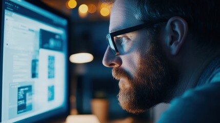Aufkleber - Focused Professional in Glasses Working Late at Night on Computer Screen with Soft Glowing Lights in the Background, Delving into Project Details and Code Analysis