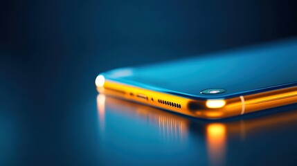 Poster - Close-Up of a Sleek Smartphone with Stunning Blue Reflection and Highlighted Edges on a Dark Surface, Showcasing Modern Technology and Design Aesthetics