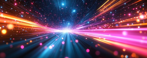 Poster - Abstract dynamic background with vibrant lights and colors. Motion and speed in a digital universe. Bright lines with glowing particles. Creative graphic design concept. Modern art style.