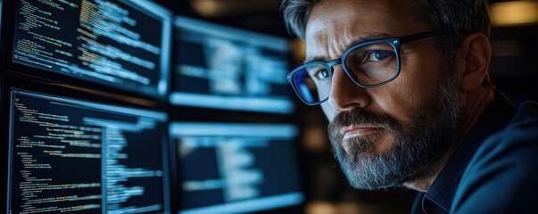 Poster - Cybersecurity expert deeply focused on multiple computer screens displaying complex code. Expert intently monitors network activity. Real-time threat detection, network security testing underway.