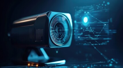 Leinwandbilder - High-tech camera with futuristic interface displaying digital data visualization in dark environment, representing modern technology and innovation