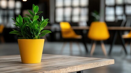 Poster - Modern indoor workspace featuring a vibrant yellow pot with lush green plant, contemporary furniture, and soft natural light illuminating the scene