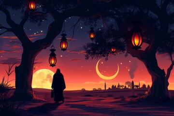 Wall Mural - a muslim is ready to face the blessed month of ramadhan while carrying a lantern at night.