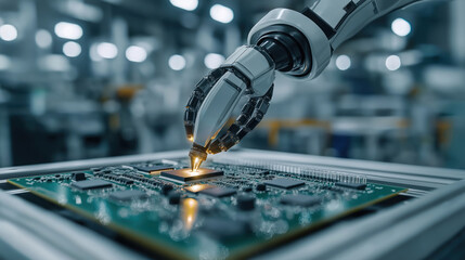 Poster - Robotic arm precisely positions electronic chip on circuit board. Modern tech manufacturing process in industrial setting. High precision work in factory. Automated production line. Futuristic tech.