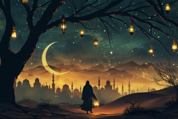 Wall Mural - a muslim is ready to face the blessed month of ramadhan while carrying a lantern at night.