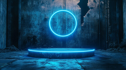 Poster - Neon blue circle floating above a circular platform in an industrial space. 