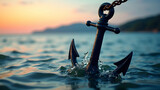 Sunset hues paint the sea as a dark anchor, slightly submerged, rests peacefully amidst gentle waves.  A scene of tranquility and hope.