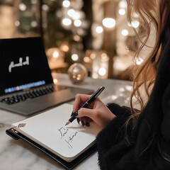 Close up of woman hand with a pen writing on notebook