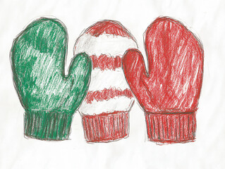 Hand-drawn crayon mittens festive red green snowy detail children’s holiday craft seasonal decorations white background rough sketch doodle happy Christmas psychotherapy painting therapy kindergarten