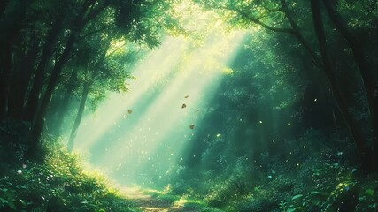 Poster - Sunlit Forest Path. Lush Greenery with Sunbeams Piercing Through Canopy. Peaceful Nature Scene with Sparkling Light Particles. Serene Woodland Atmosphere.