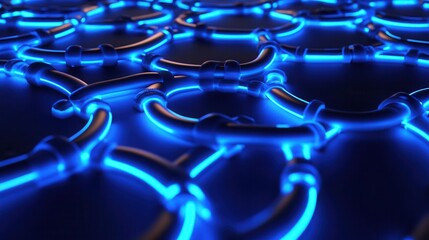 Poster - Abstract 3D Render of Glowing Blue Neon Tubes Forming a Complex Network Pattern - Futuristic Technology Background