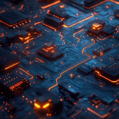 Poster - Glowing Circuit Board Abstract Close-Up of Electronic Components with Orange and Blue Lights - High-Resolution 3D Render
