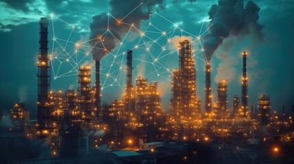 Poster - Industrial complex at night. Many structures with bright lights. Smoke from chimneys. Digital network connections overlay complex. Modern tech, energy production. Manufacturing, industry, urban