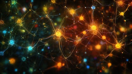 Poster - Microscopic Visualization of Neuron Network Intricate Synapses and Neural Connections in Vibrant Colors.