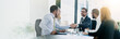 © peopleimages.com - Office, welcome and business people with handshake in meeting, accounting firm and success for b2b deal. Boardroom, teamwork and accountants with shaking hands for agreement, greeting or mockup space