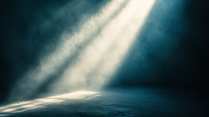 Poster - Light beams shining through a dark, misty space. 