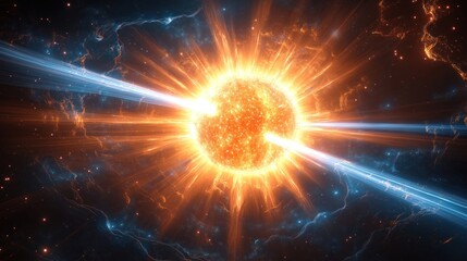 Wall Mural - symmetrical neutron star emits powerful radiation beams in space. celestial body glows intensely. st