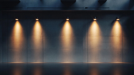 Poster - Light beams illuminate a textured wall in a minimalist exhibition space. 