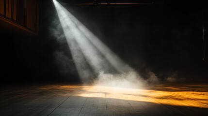 Poster - Light beams pierce through smoke in an empty theater at dusk. 