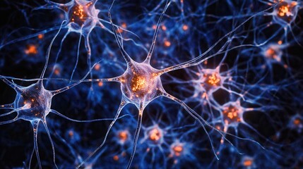 Poster - Microscopic View of Neuron Network Intricate Neural Connections in Vibrant Blue and Orange Hues.