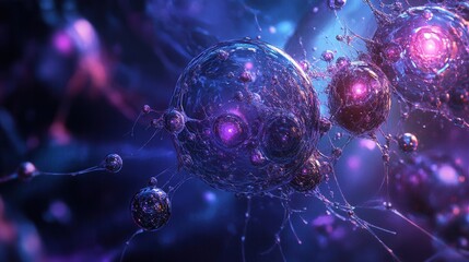 Poster - Abstract Microscopic Structure Glowing Purple and Blue Bio-Organic Network with Interconnected Spheres - 3D Render