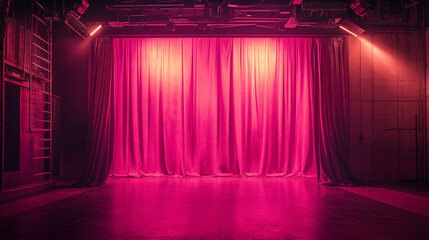 Poster - Stage with vibrant pink curtains ready for performance in an empty theater. 