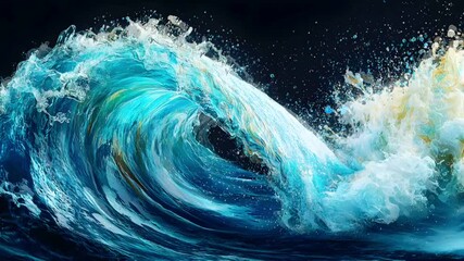 Poster - Dynamic Ocean Wave. Power and Grace of a Turquoise Wave Crashing with Energy Against a Dark Background.