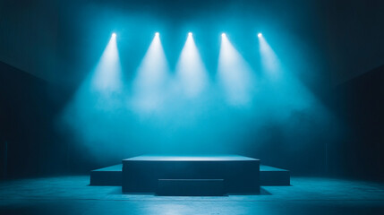 Poster - Ambient blue lighting shines on an empty stage in a darkened theater. 