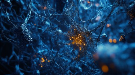 Poster - Abstract Neural Network Intricate 3D Render of Synaptic Connections and Neuron Firing, Glowing Blue and Orange