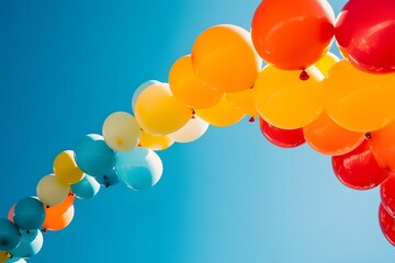 Bright balloon creating a rainbow arch against blue sky