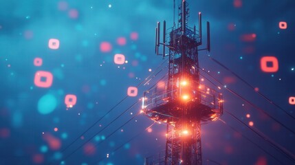 Poster - Futuristic Telecommunications Tower at Night Glowing Cyberpunk Antenna with Abstract Bokeh Background