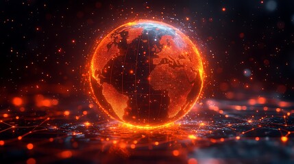 Fiery Globe: A mesmerizing, abstract depiction of the Earth ablaze in a sea of red-hot energy, sparks, and swirling digital particles. The image evokes feelings of passion, power.