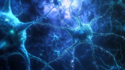 Poster - Microscopic View of Neuron Network Glowing Blue Neural Cells, Synapses, and Axons in Detailed 3D Render
