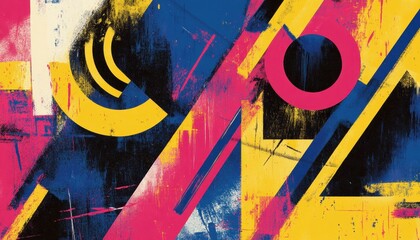 Poster - Abstract Geometric Artwork Vibrant Yellow Pink Blue Black Canvas Bold Shapes Modern Art Digital Painting