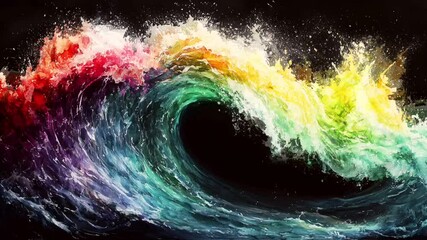 Fototapete - Seamless Looping. Vibrant Rainbow Wave with Dynamic Motion and Splashes of Color. Abstract Flow Animation